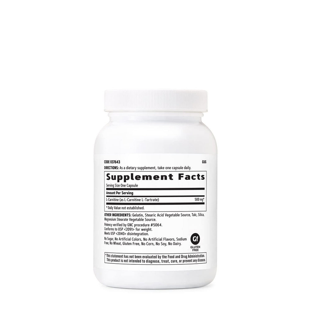 GNC L-Carnitine 500mg bottle front aids quick daily supplement access.