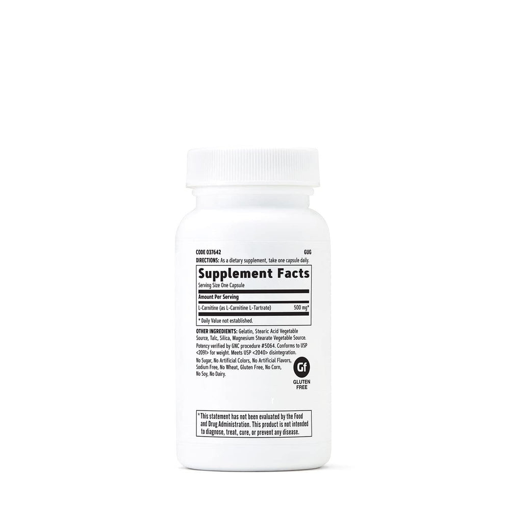 GNC L-Carnitine 500mg capsules close-up highlighting supplement form.