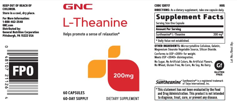 GNC L-Theanine 200mg label details showing dosage and ingredients
