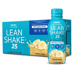 GNC Lean Shake 25 Banana Cream ready-to-drink bottle for on-the-go protein
