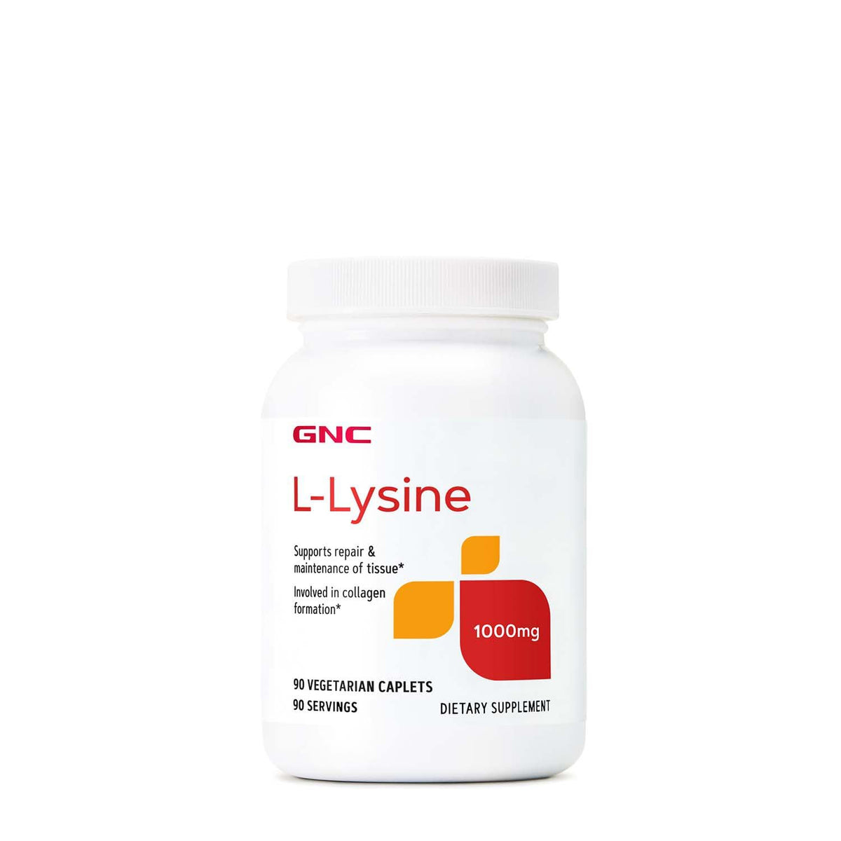 GNC L-Lysine 1000mg bottle front view highlighting tissue repair support and vegetarian format.