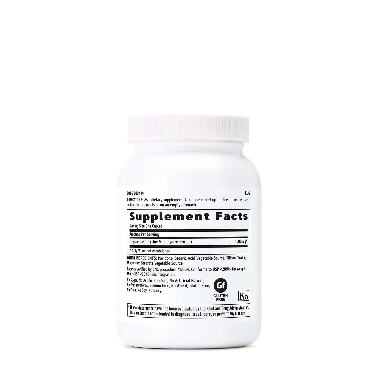 GNC L-Lysine 1000mg tablets close-up emphasizing easy daily intake with vegetarian tablets.
