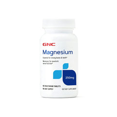 GNC Magnesium 250 mg bottle with tablets for energy production and nerve function