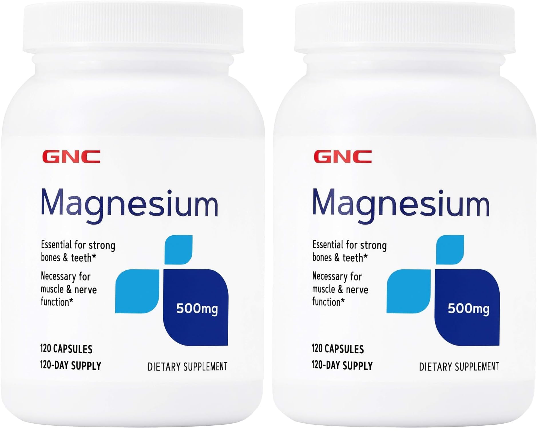 GNC Magnesium 500mg bottle front, daily mineral support for bones and teeth