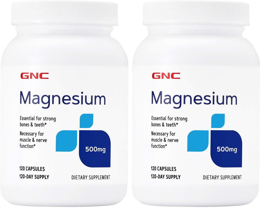 GNC Magnesium 500mg bottle front, daily mineral support for bones and teeth