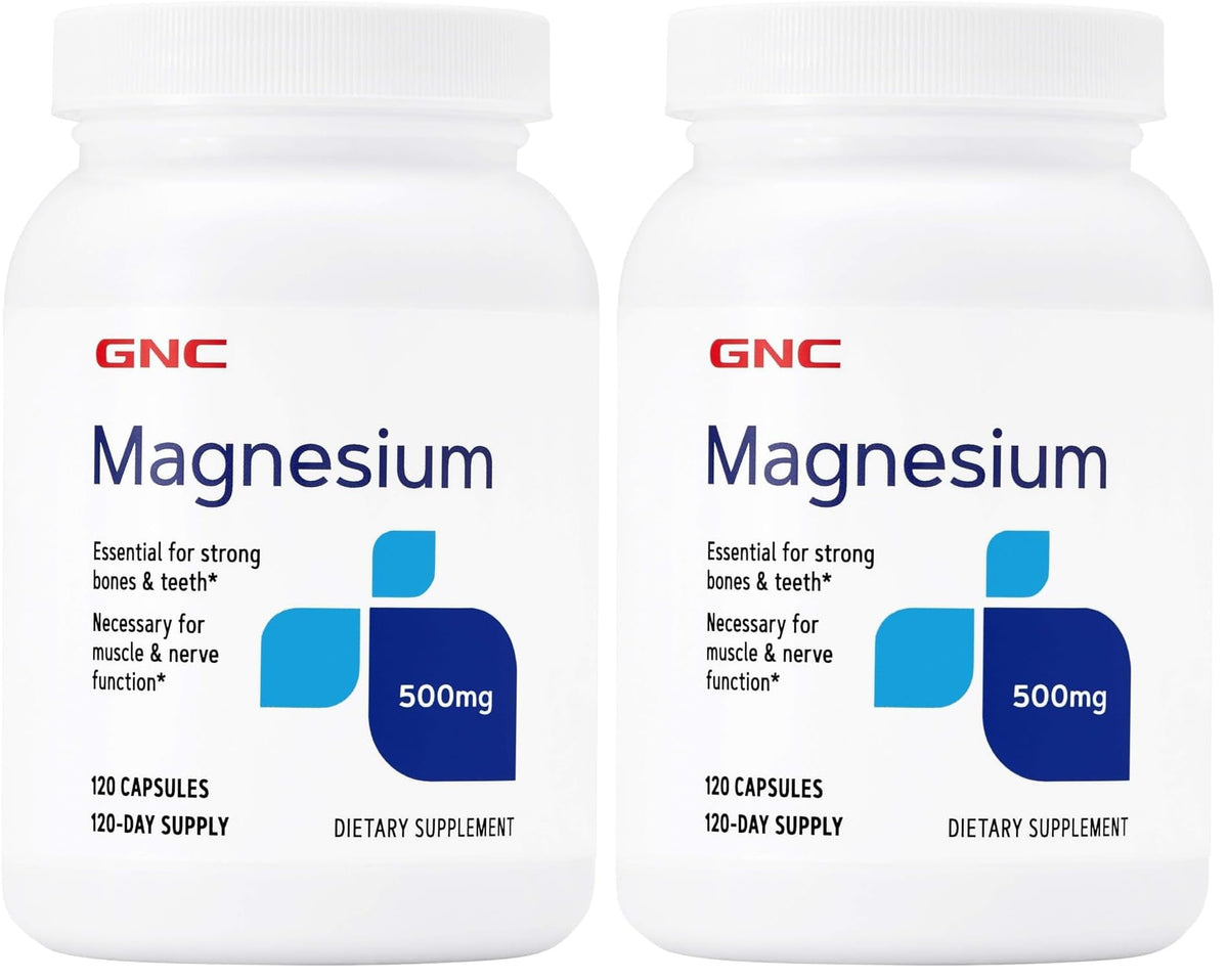 GNC Magnesium 500mg bottle front, daily mineral support for bones and teeth