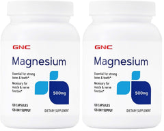 GNC Magnesium 500mg bottle front, daily mineral support for bones and teeth