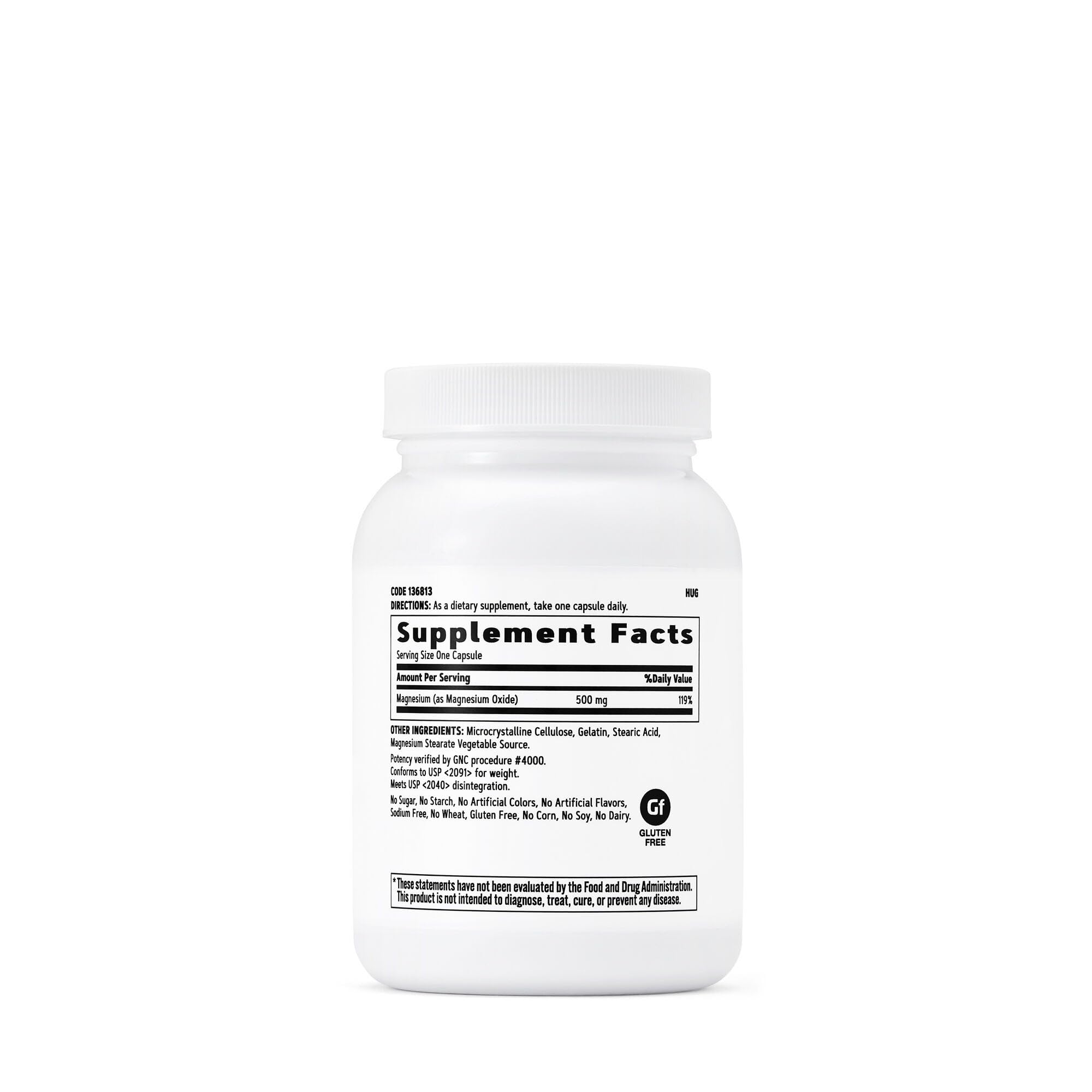 GNC Magnesium 500mg capsules closeup, easy daily capsules for calcium balance