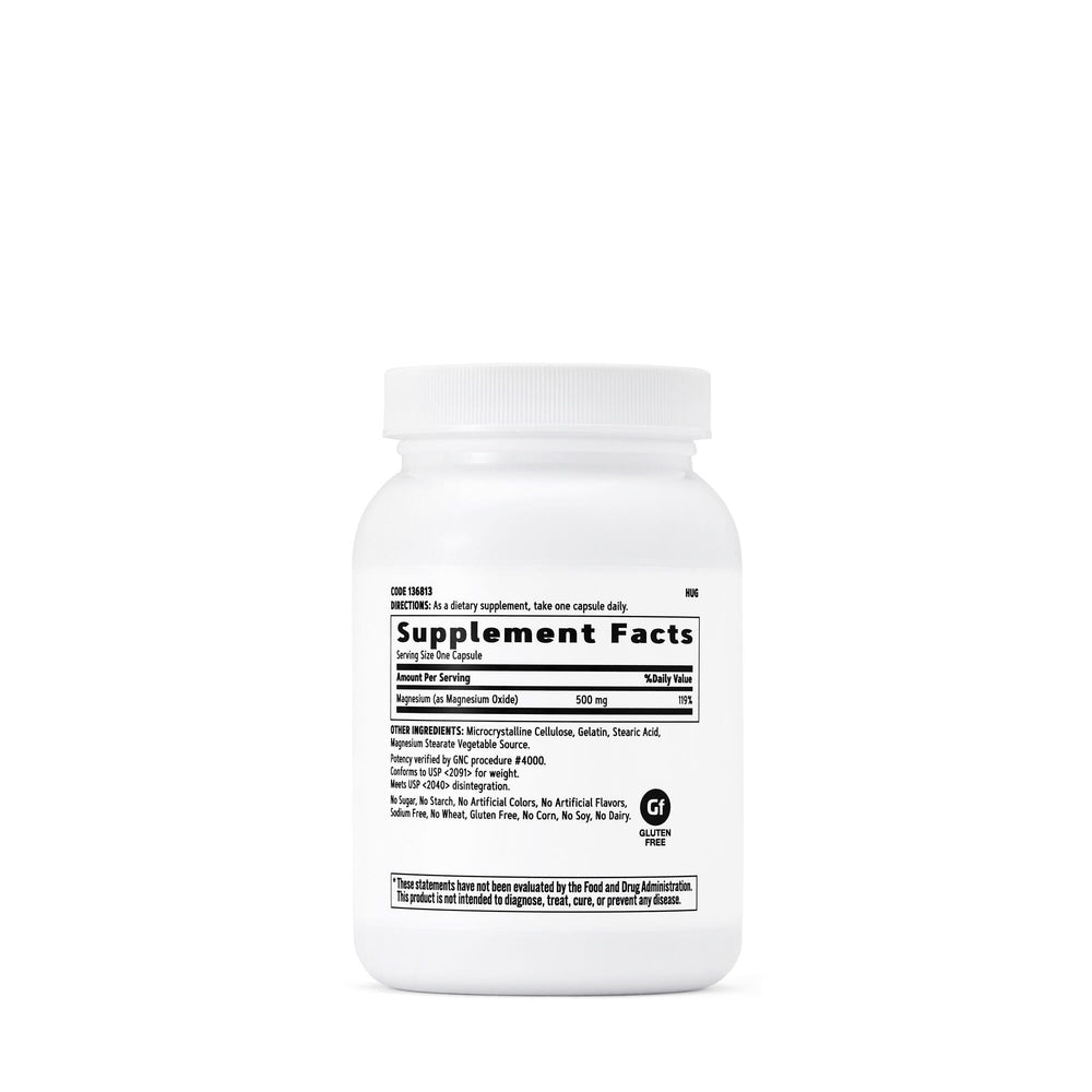 GNC Magnesium 500mg capsules closeup, easy daily capsules for calcium balance