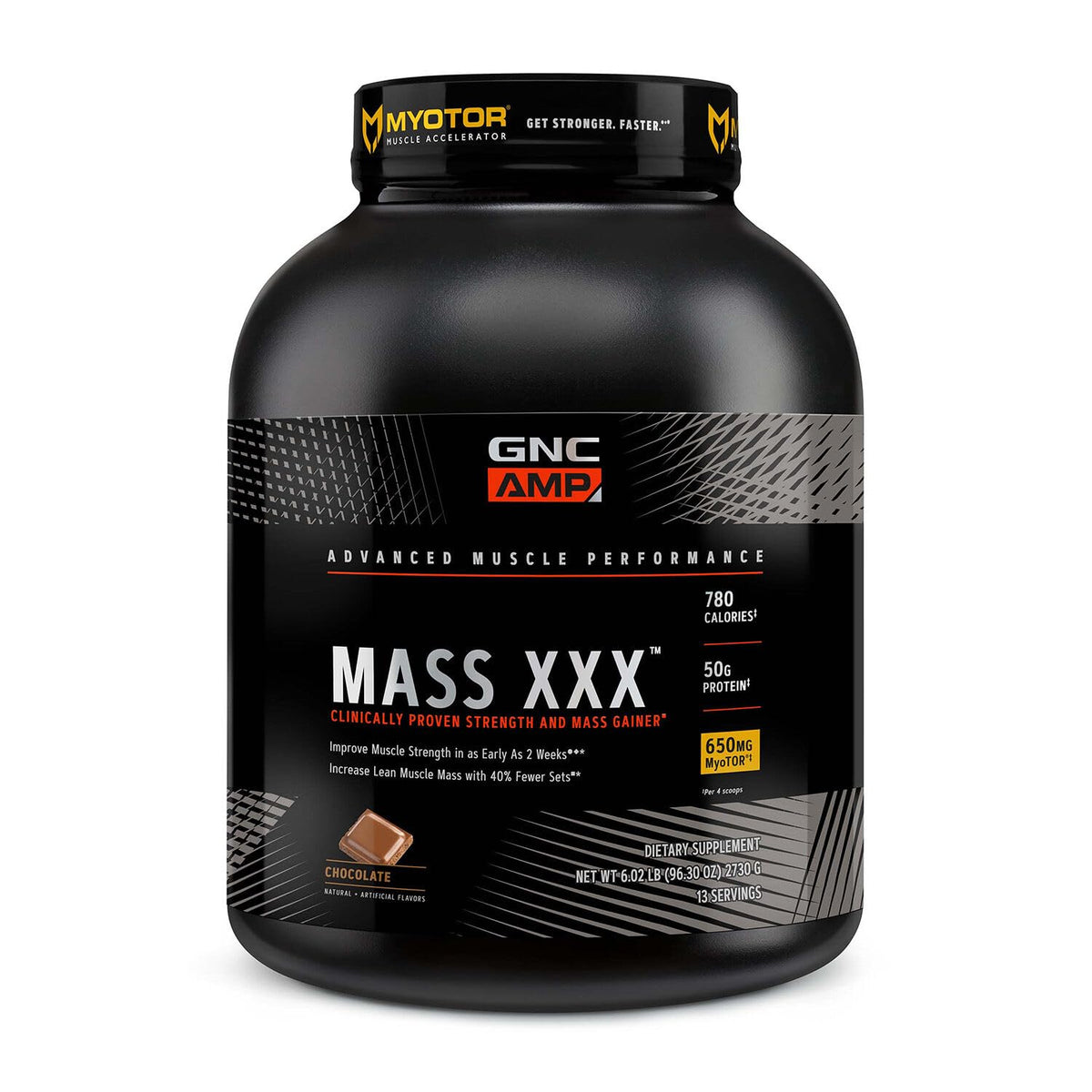 GNC Mass XXX chocolate tub showing protein-rich shake for gains and daily fueling