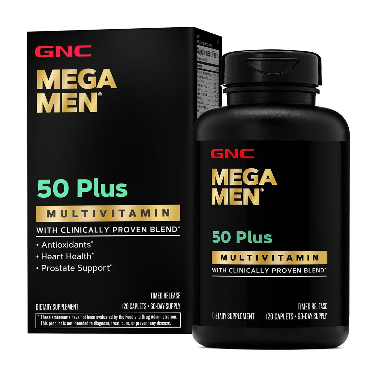 GNC Mega Men 50 Plus bottle front shows antioxidant-rich formula for daily wellness.