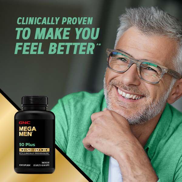 GNC Mega Men 50 Plus bottle shown on a desk for daily routine.