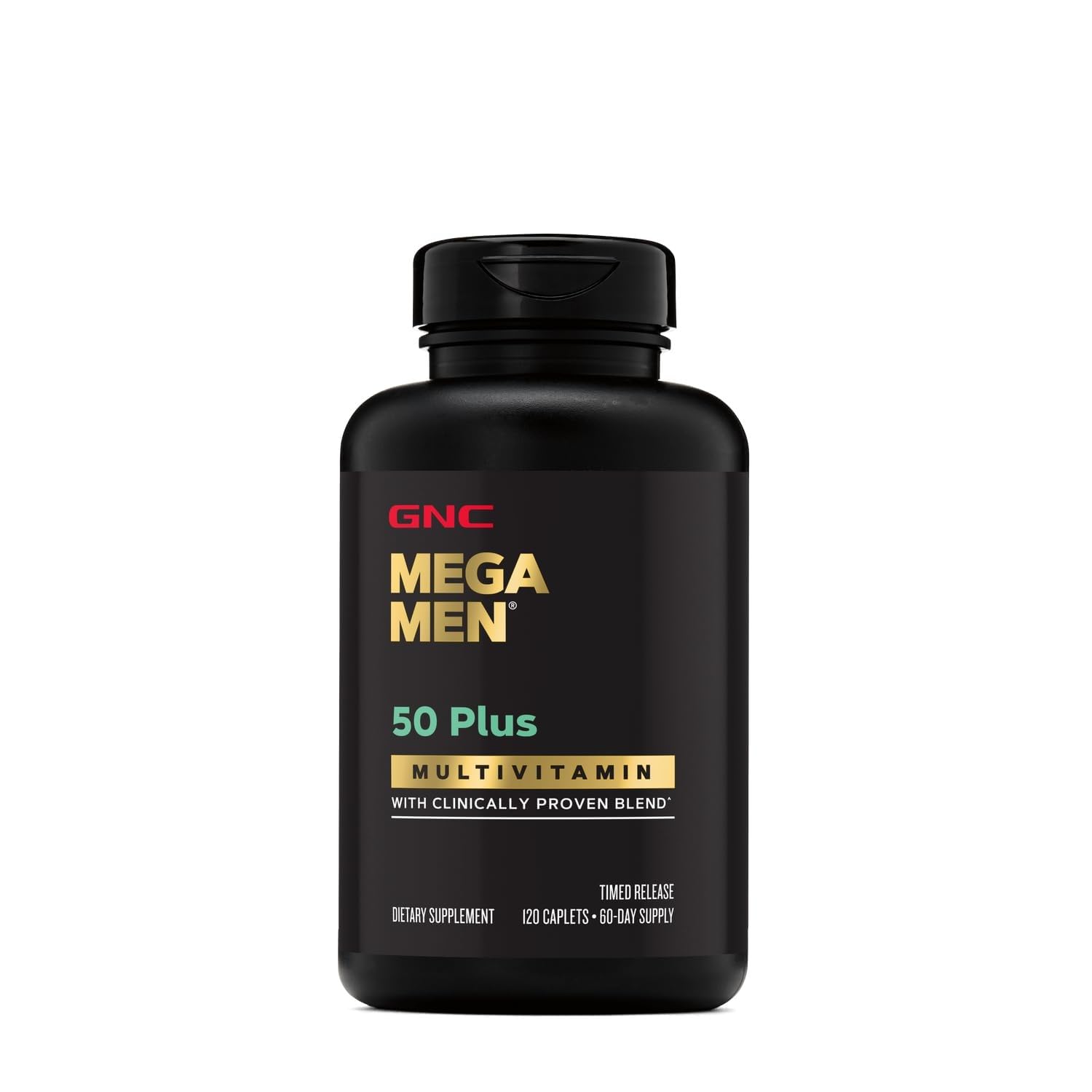 GNC Mega Men 50 Plus ingredients label featuring lycopene and saw palmetto.