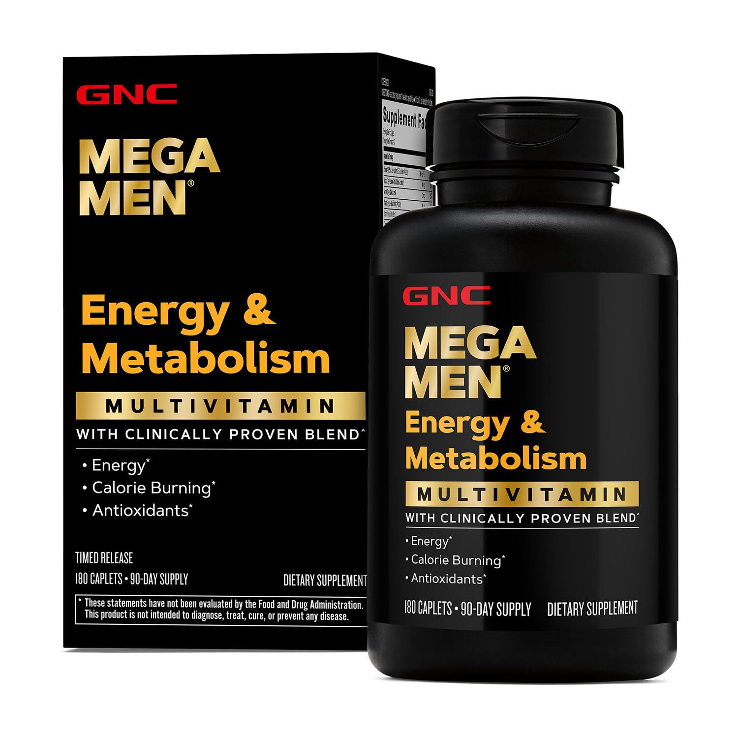 GNC Mega Men Energy bottle front view for daily vitality and convenience.