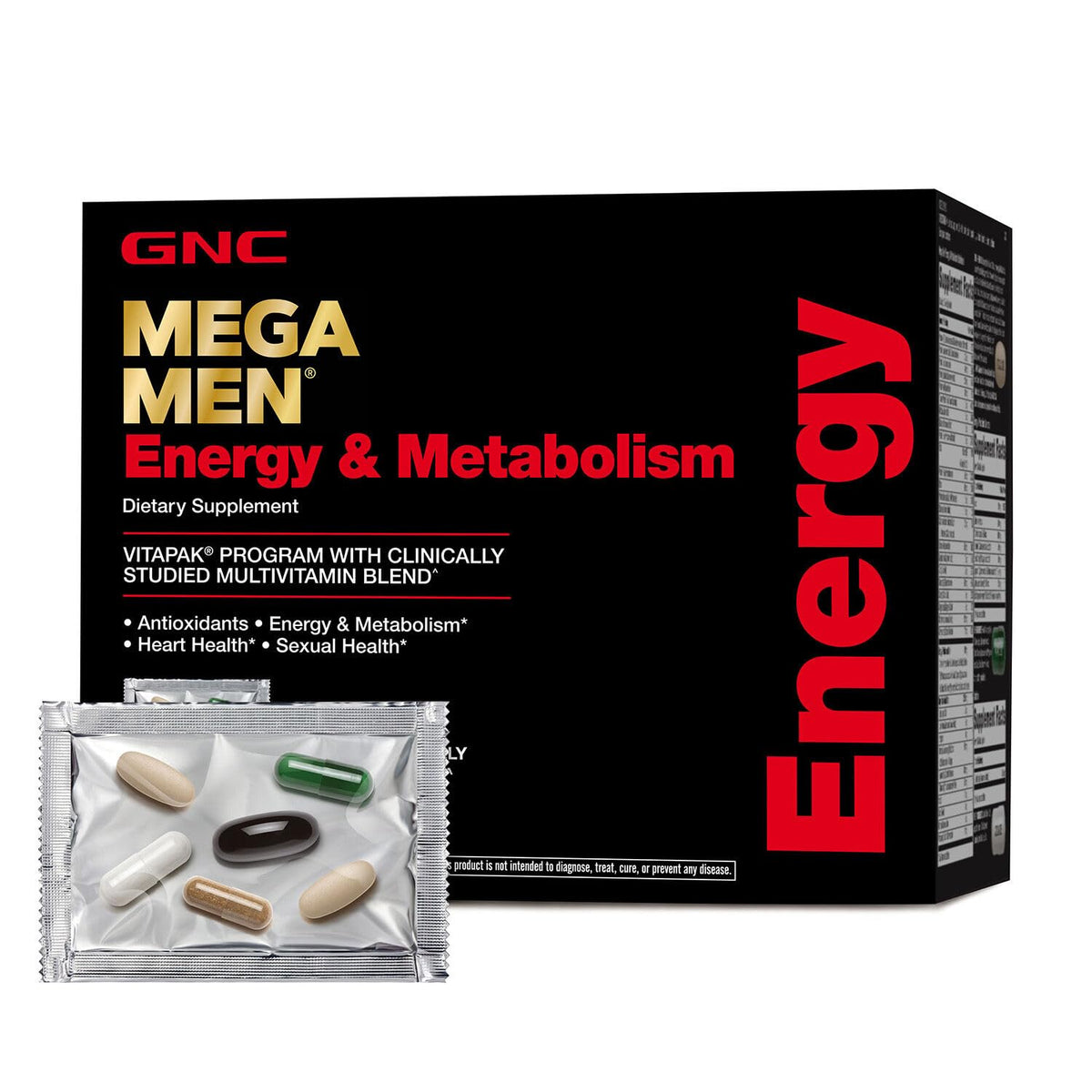 GNC Mega Men energy and metabolism bottle pour supports daily energy routines.