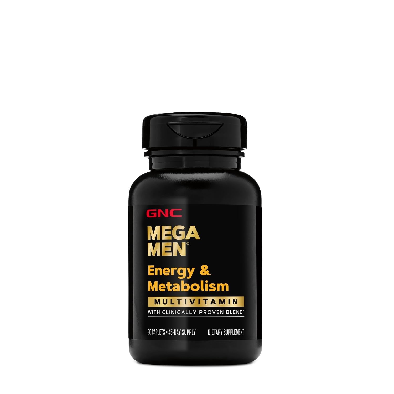 GNC Mega Men Energy & Metabolism bottle side view emphasizing metabolism support
