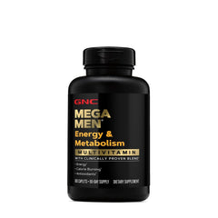 GNC Mega Men Energy tablets stacked illustrating daily dosage and routine.