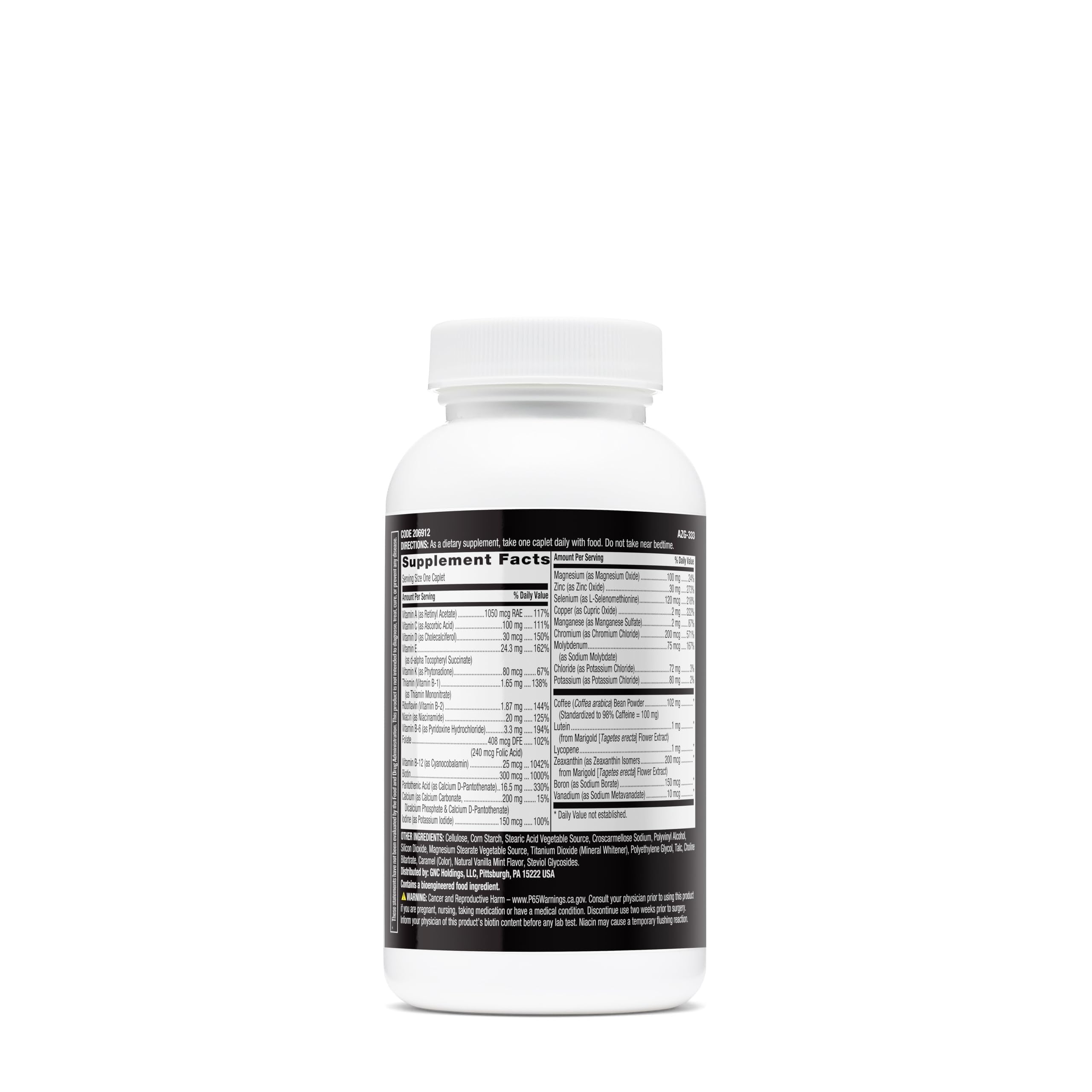 GNC Mega Men Multivitamin bottle side panel shows daily dosage for energy support.
