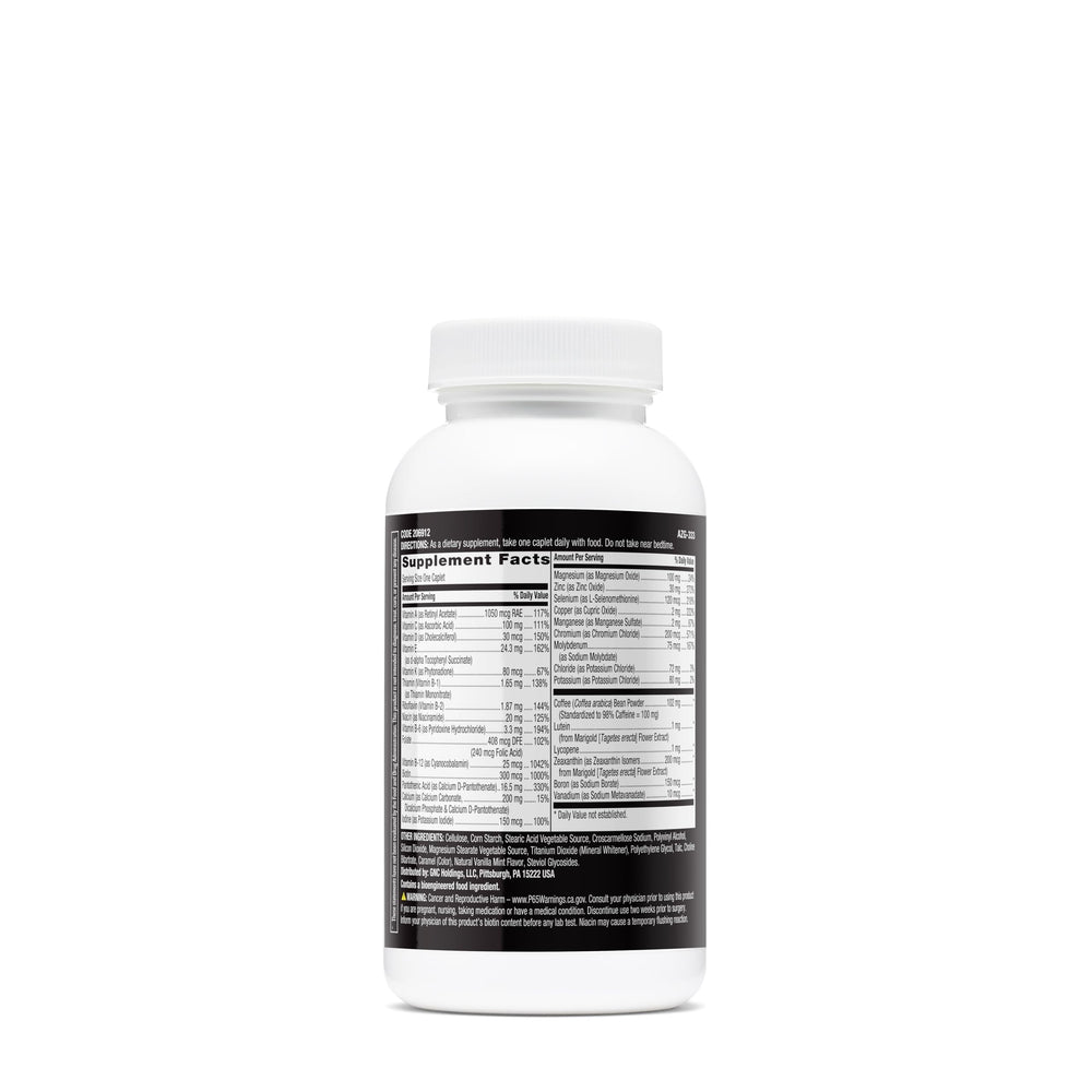 GNC Mega Men Multivitamin bottle side panel shows daily dosage for energy support.