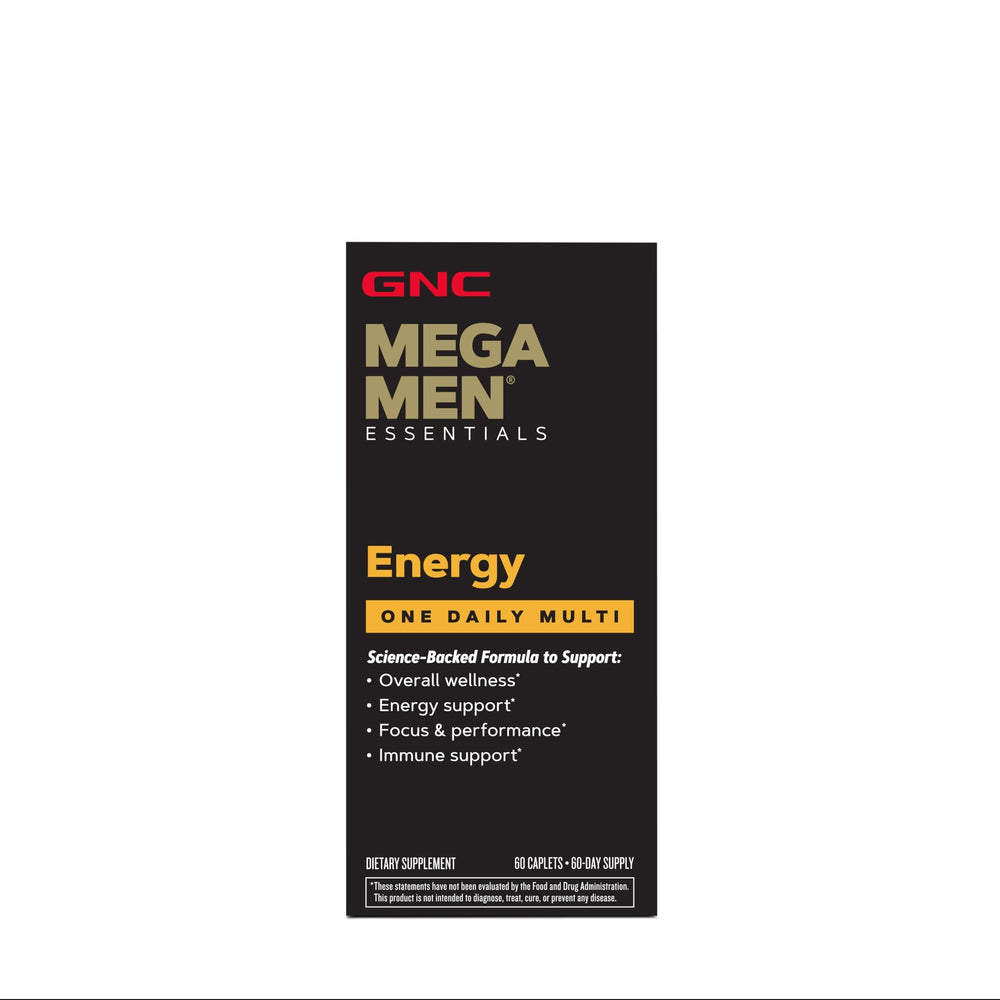 GNC Mega Men Multivitamin capsules close-up showing small, easy-to-swallow pills.