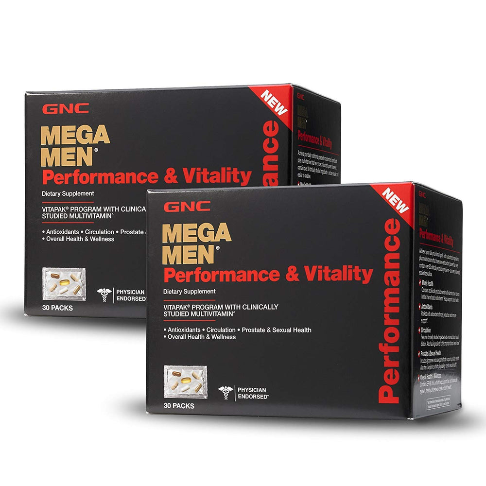 GNC Mega Men Performance Vitality 30 packs bottle front, supports daily wellness and performance