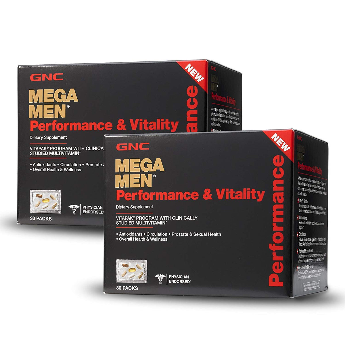 GNC Mega Men Performance Vitality 30 packs bottle front, supports daily wellness and performance