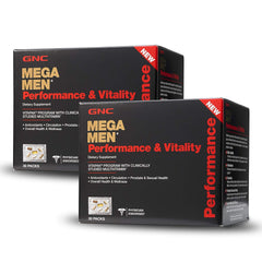 GNC Mega Men Performance Vitality 30 packs bottle front, supports daily wellness and performance