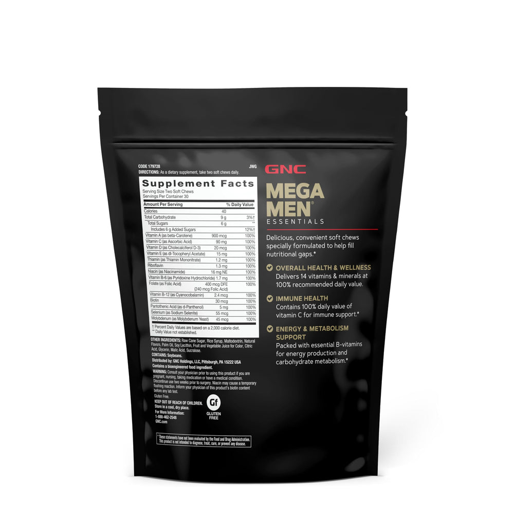 GNC Mega Men Soft Chew gluten-free bottle highlighting gluten-free daily nutrition option.