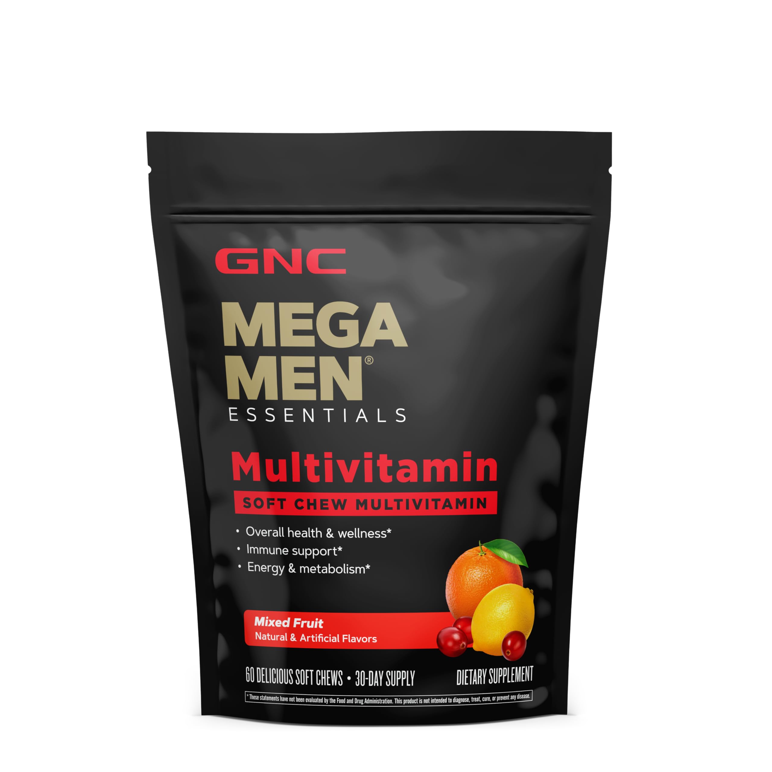 GNC Mega Men Soft Chew mixed-fruit bottle for convenient daily energy and wellness.