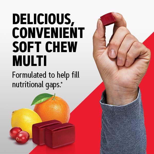 GNC Mega Men Soft Chew nutrition label reveals 14 essential nutrients for balanced daily intake.