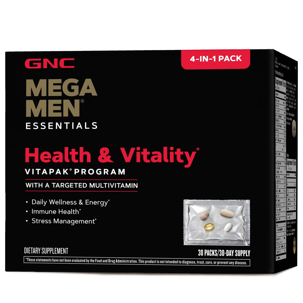 GNC Mega Men Vitapak bottle packaging showing all-in-one daily nutrition benefits.