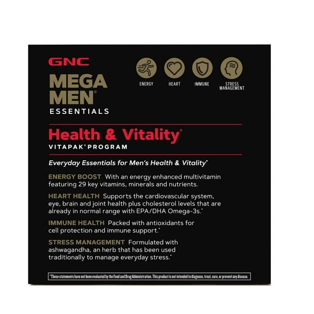 GNC Mega Men Vitapak daily pack highlights energy, focus, and metabolism support.