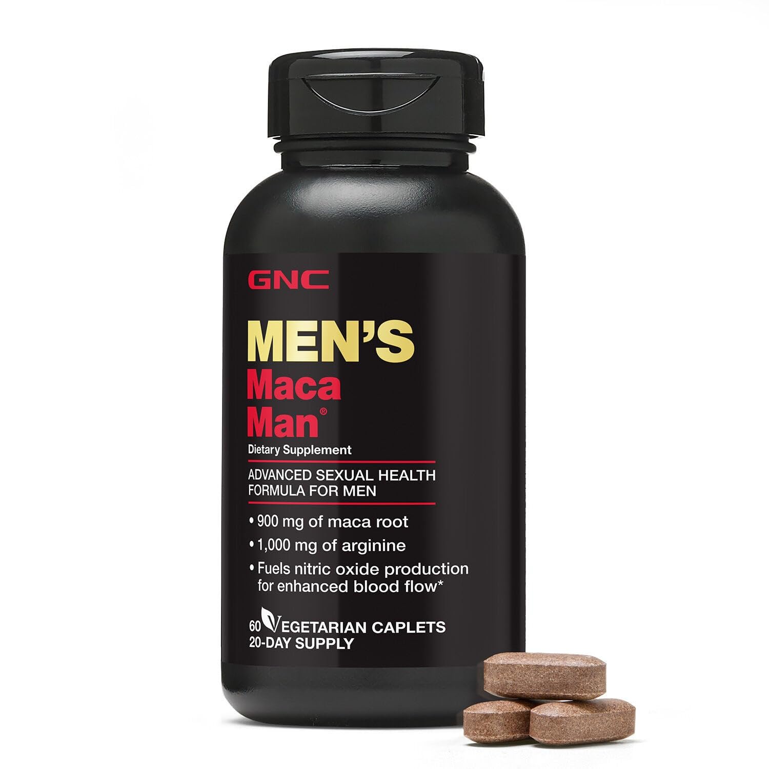 GNC Men's Maca Man bottle front showing packaging for daily stamina support
