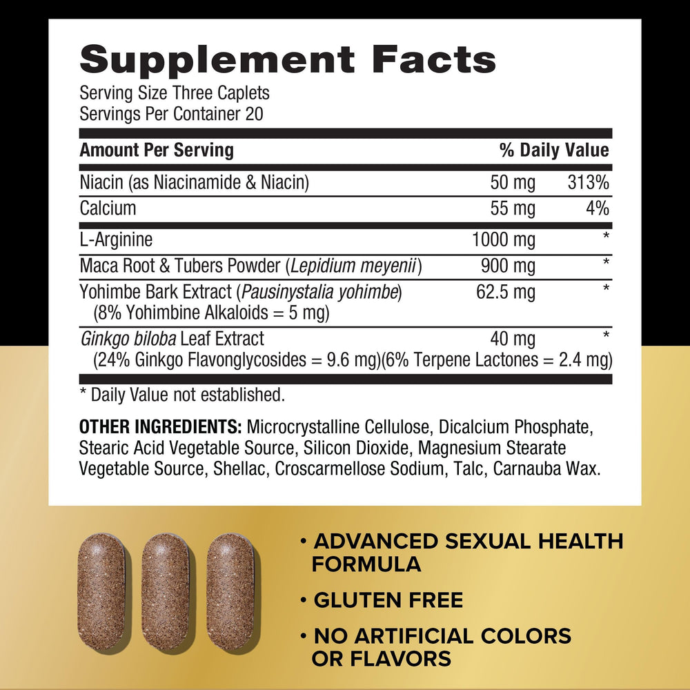 GNC Men's Maca Man bottle label close-up highlighting arginine for nitric oxide support