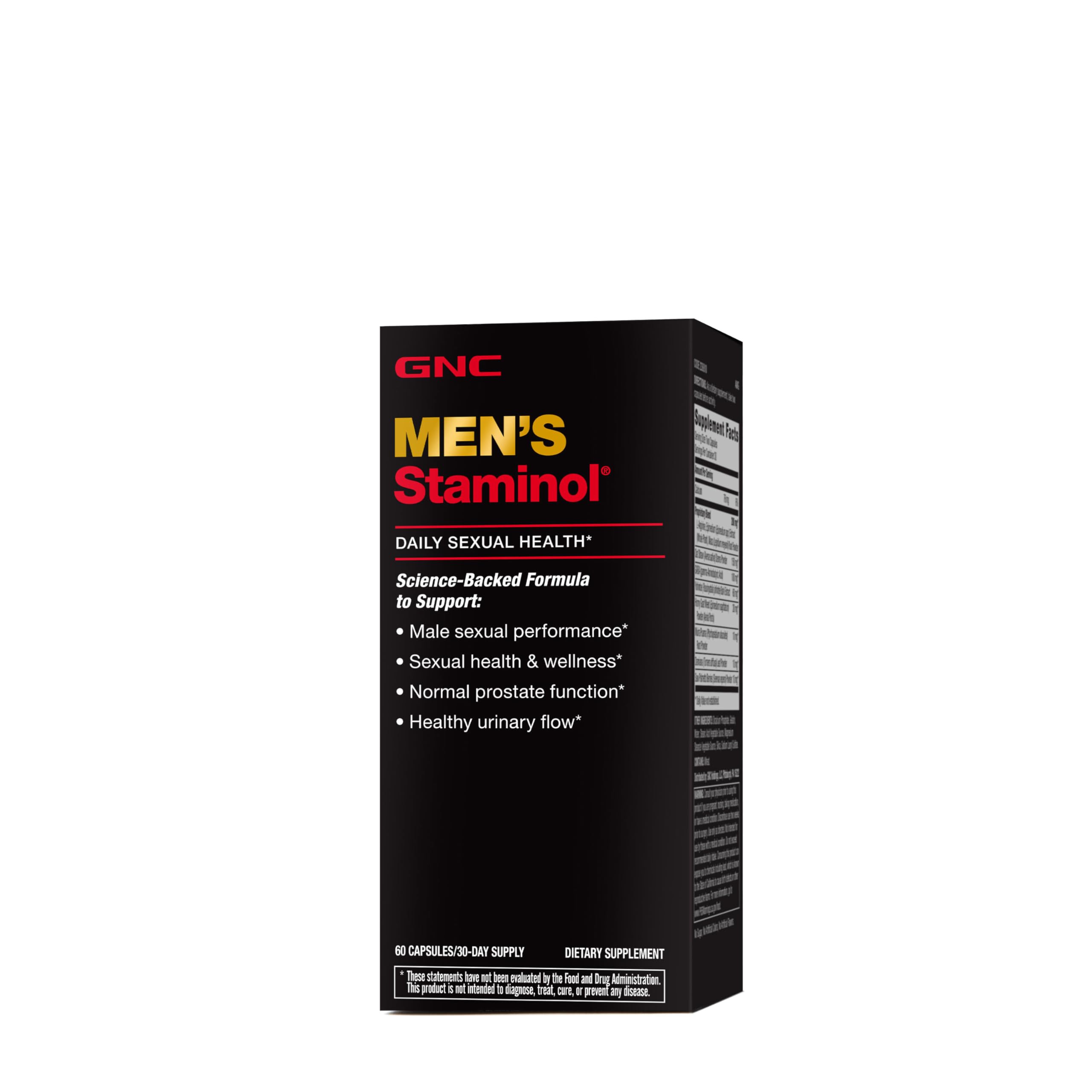 GNC Men's Staminol bottle front shows sleek packaging for energy and focus on the go.