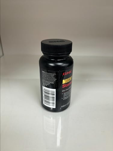 GNC Men's Staminol label detail showcases ingredients like caffeine and collagen blends.