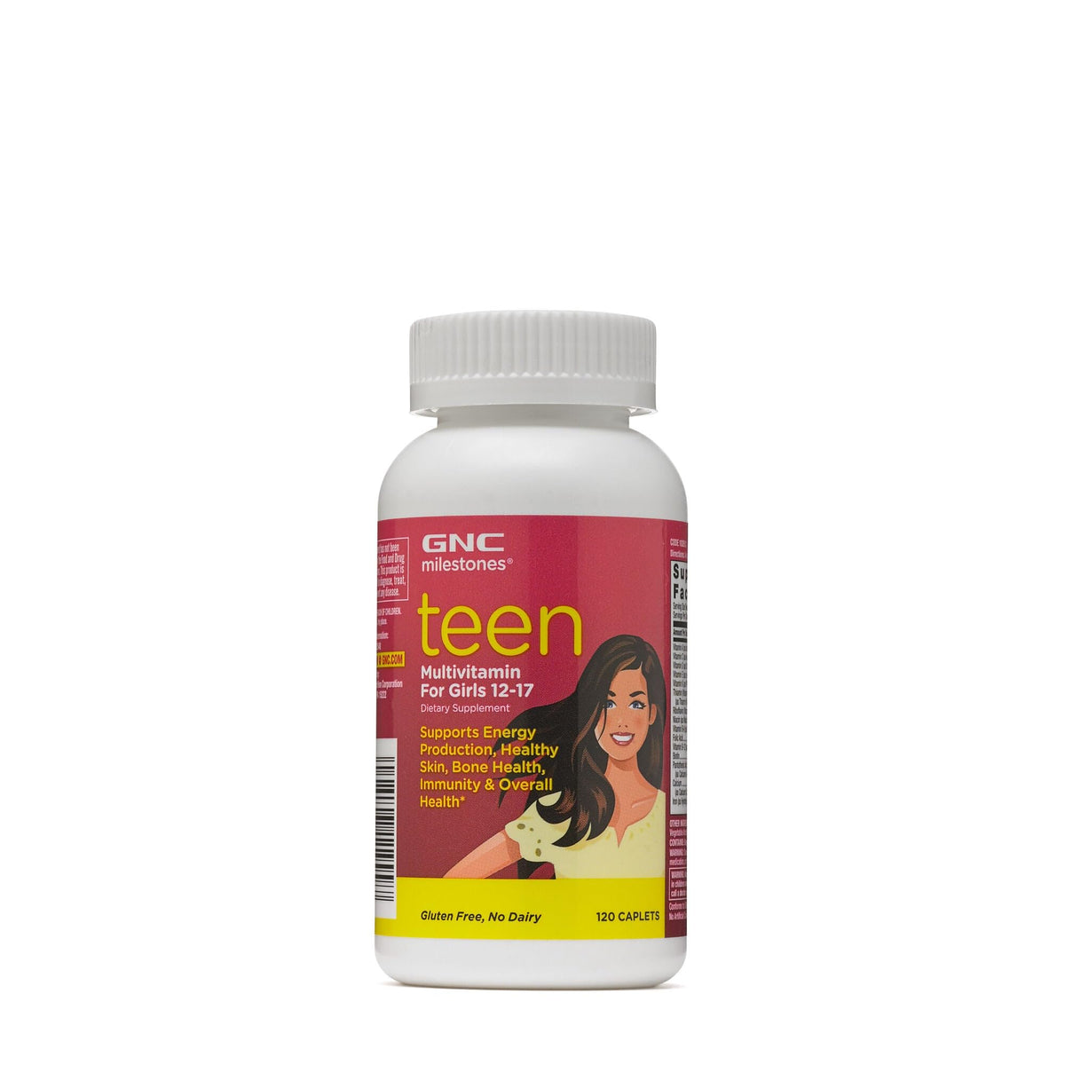GNC Milestones teen multivitamin bottle for daily energy support.