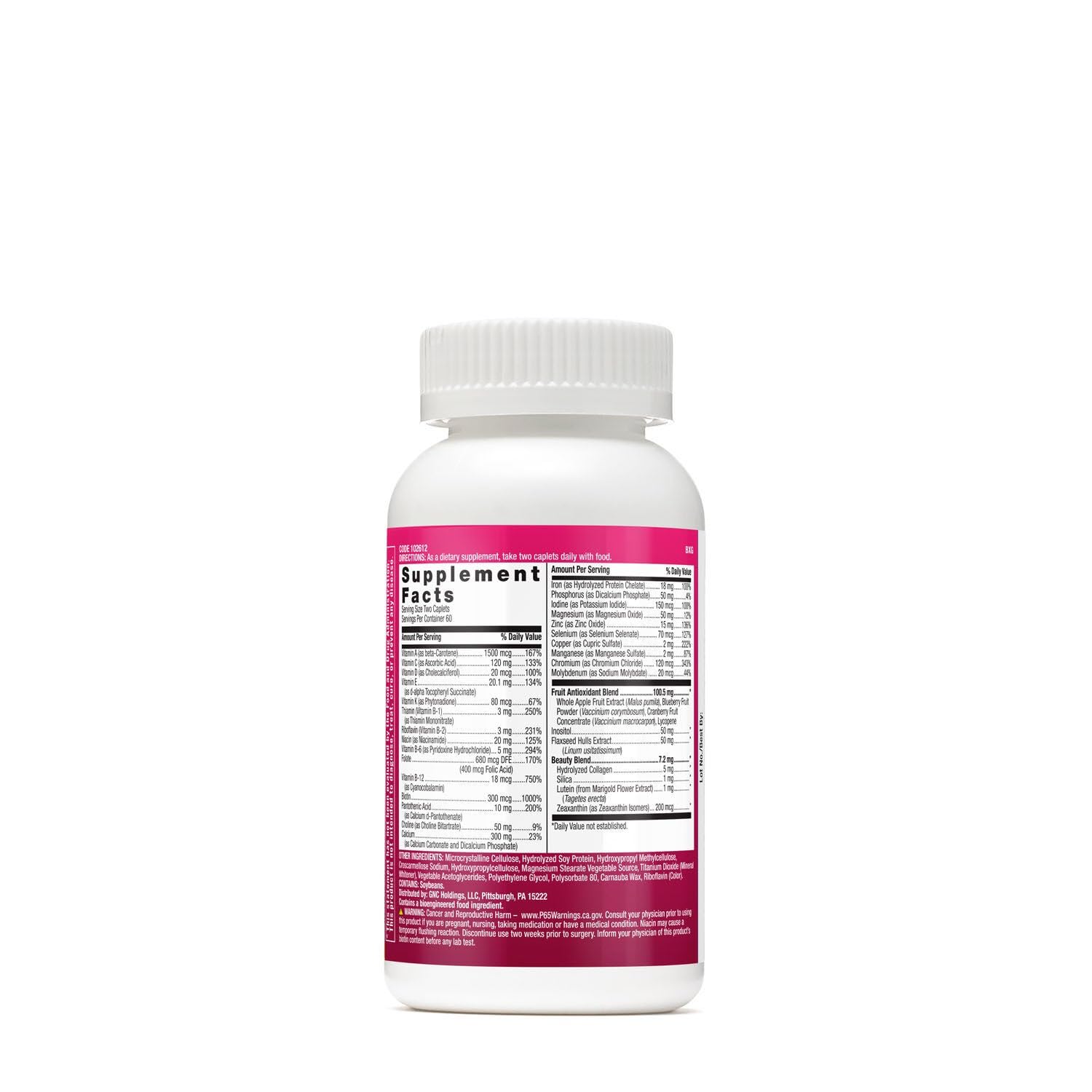 Close-up of GNC Milestones tablets showing daily nutrition for healthy skin.