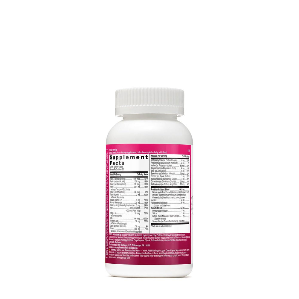 Close-up of GNC Milestones tablets showing daily nutrition for healthy skin.