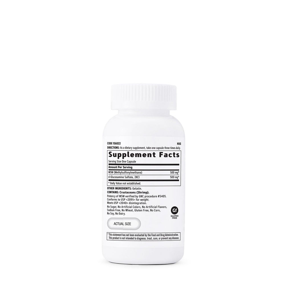 Close-up of GNC MSM Glucosamine capsules for easy daily use.