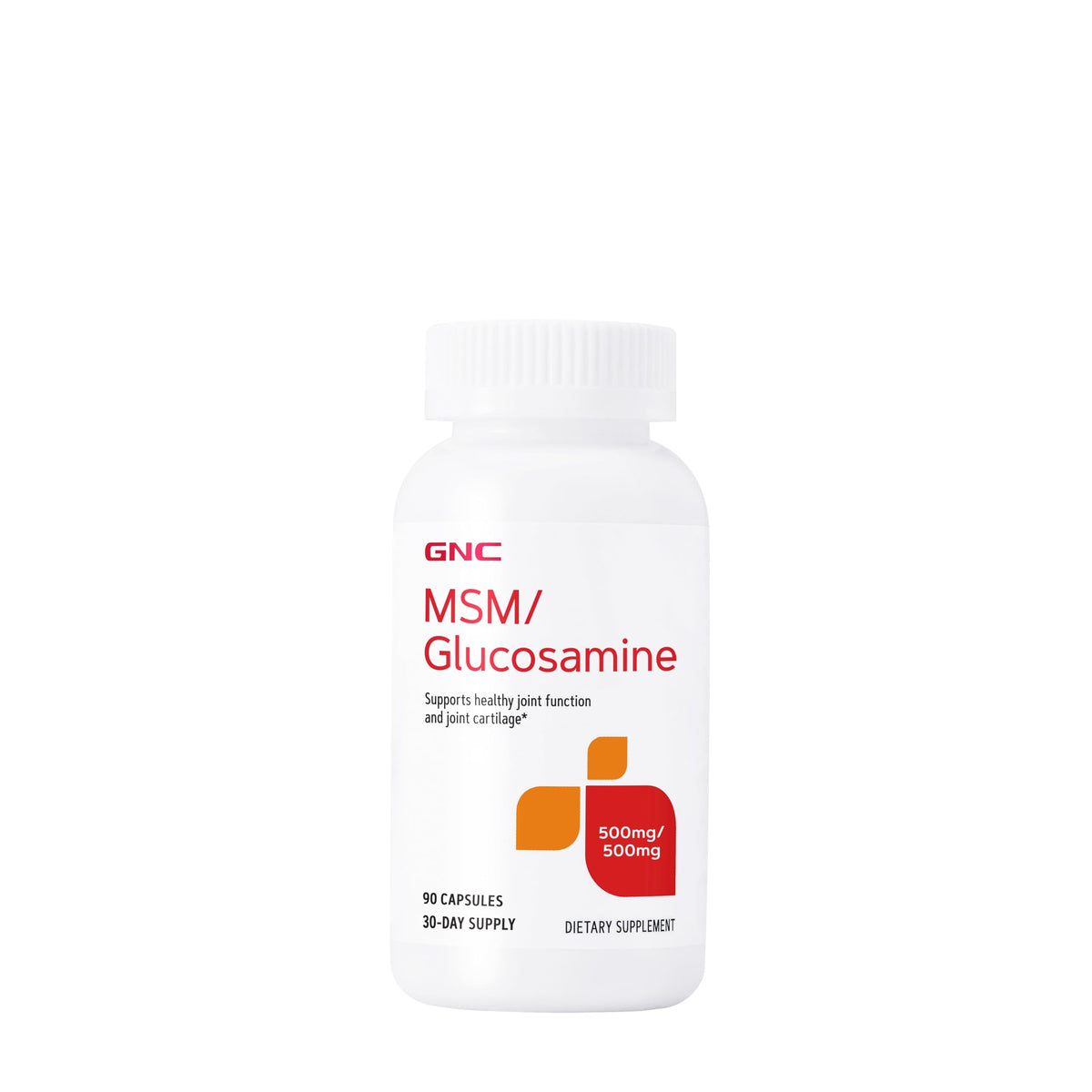 GNC MSM Glucosamine 500mg bottle for daily joint support.