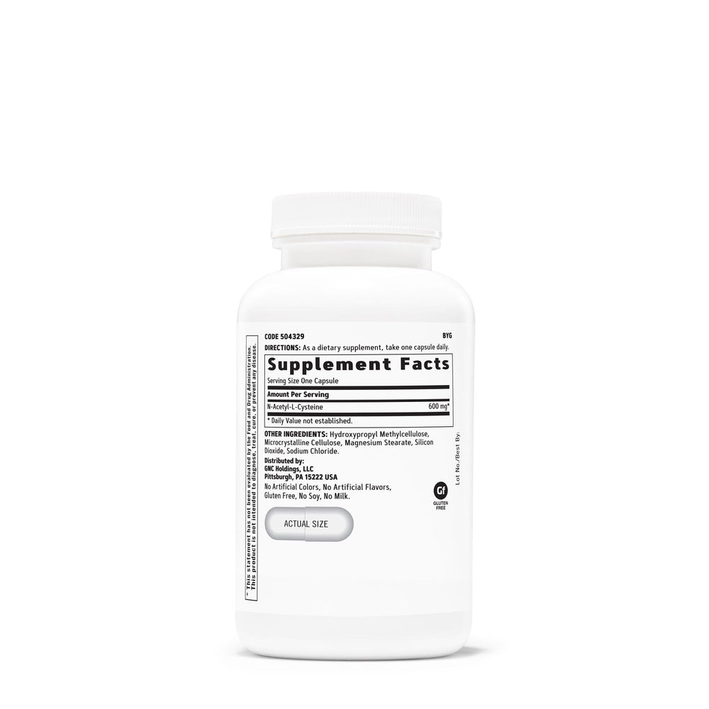 GNC NAC 600mg capsules in a bottle, simple daily capsule routine.