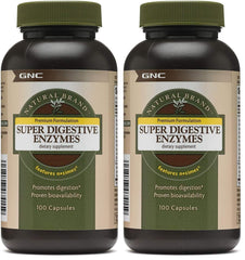 GNC Super Digestive Enzymes bottle front view; supports protein, carb, and fat digestion.