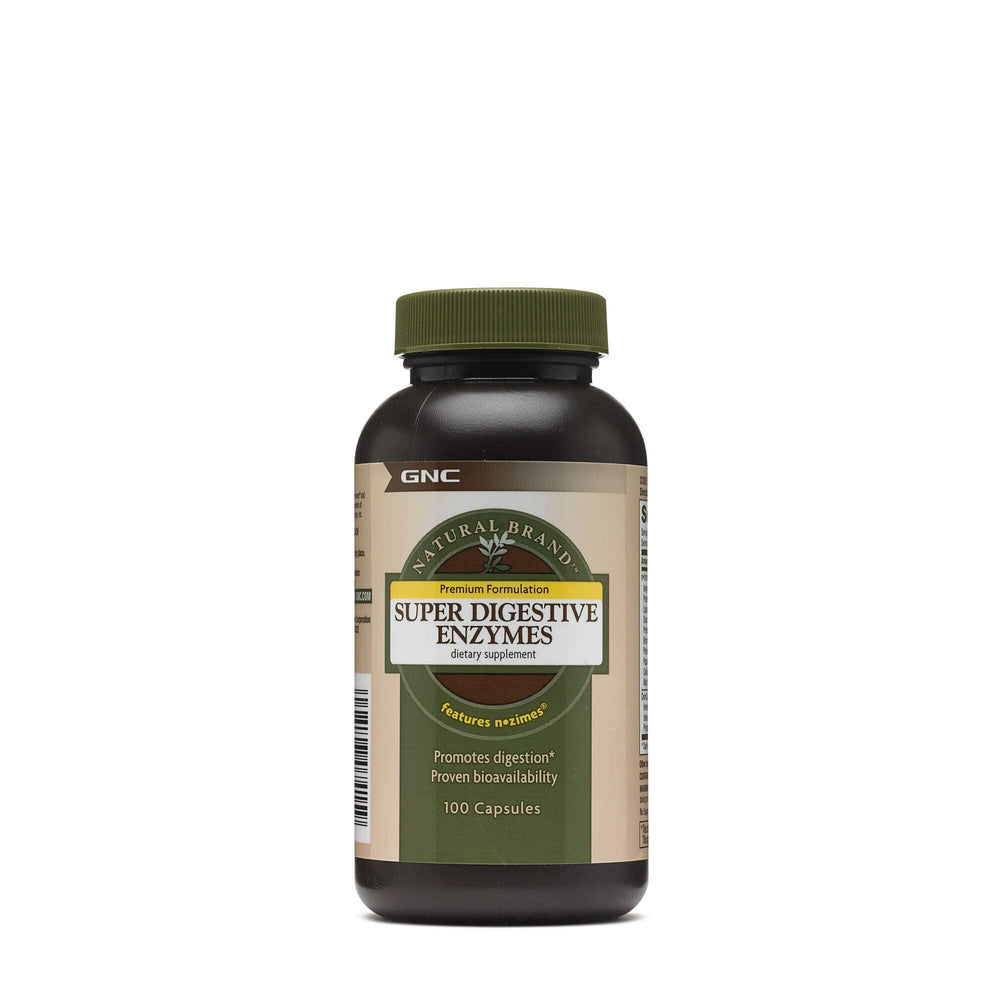 GNC Natural Brand Super Digestive Enzymes bottle for protein and carb digestion support.