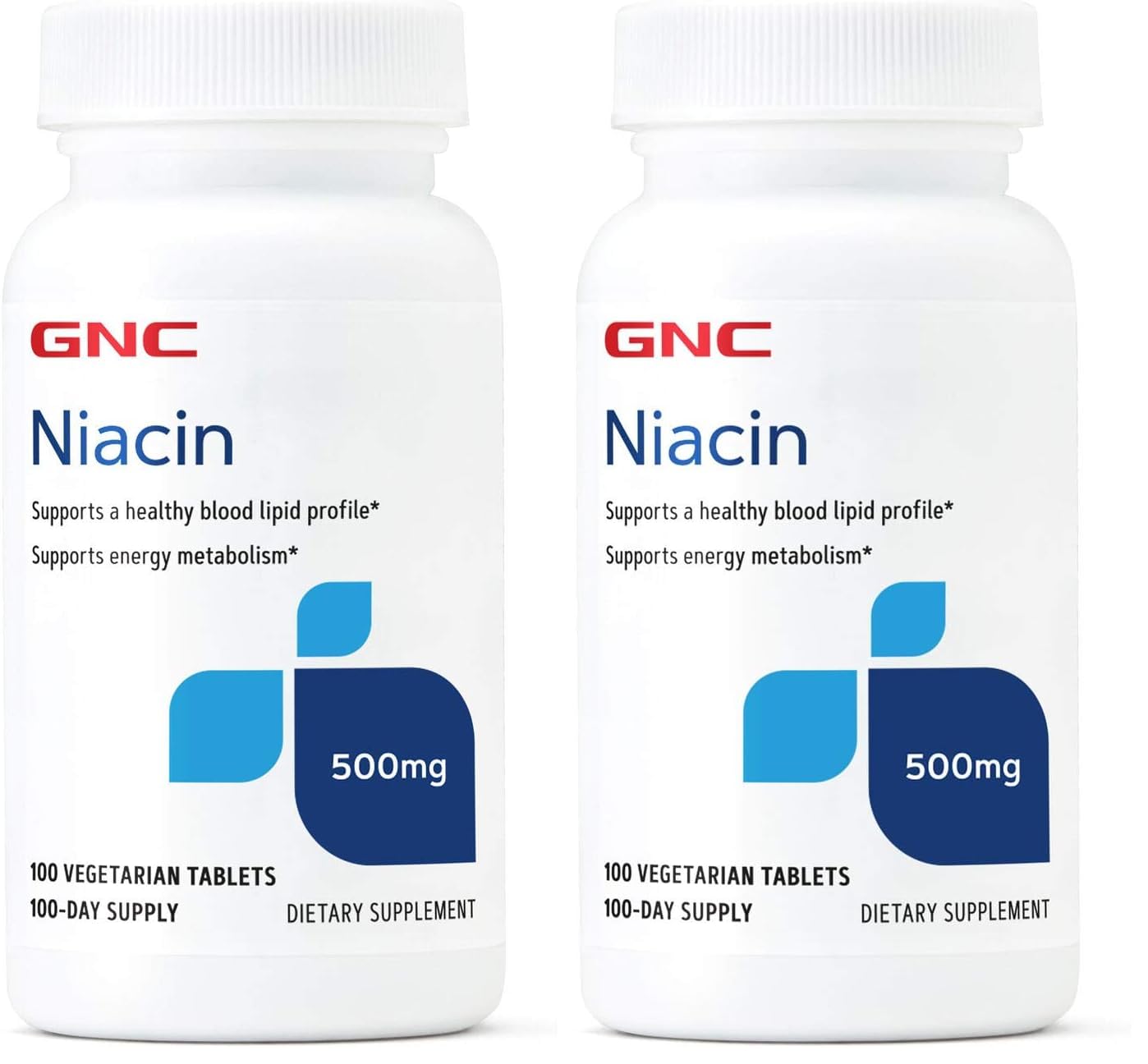 GNC Niacin 500mg packaging front shows two-pack option for extended supply.