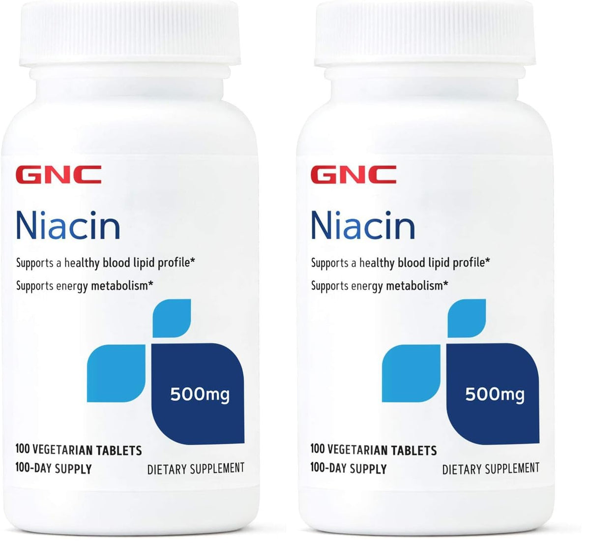 GNC Niacin 500mg packaging front shows two-pack option for extended supply.