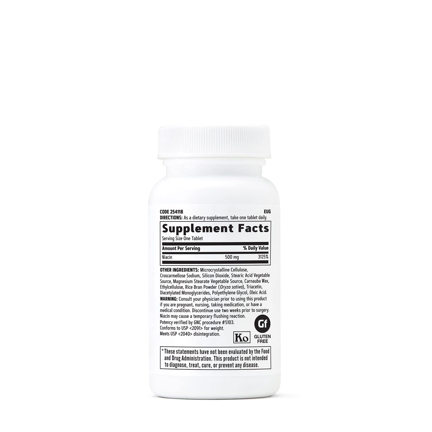 GNC Niacin 500mg tablets closeup shows vegetarian tablets for daily supplementation.