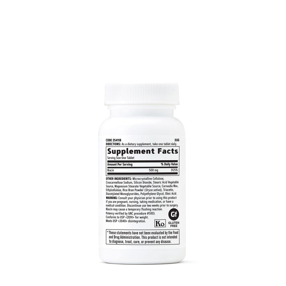 GNC Niacin 500mg tablets closeup shows vegetarian tablets for daily supplementation.