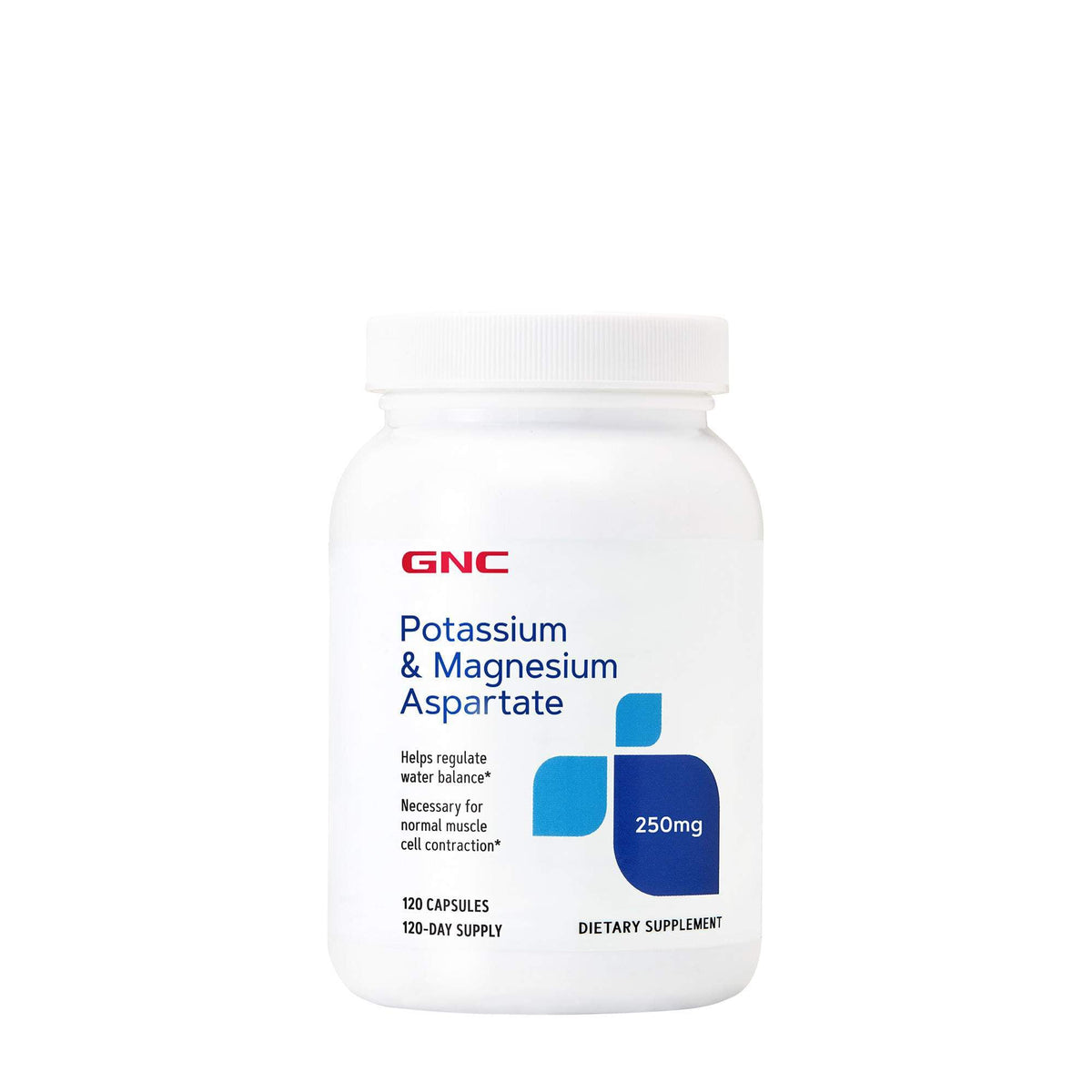GNC potassium-magnesium aspartate bottle shows 120 servings for daily balance
