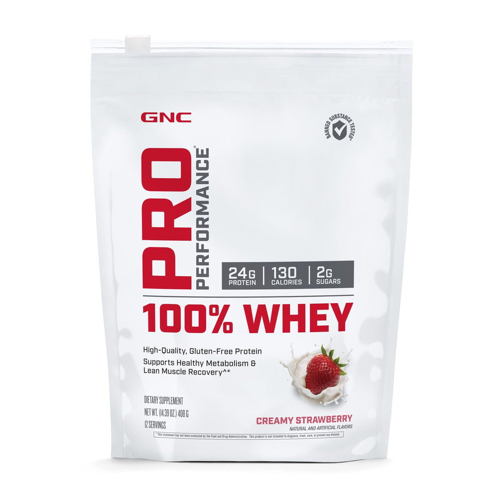 GNC Pro Performance 100% Whey Creamy Strawberry powder for quick post-workout fuel